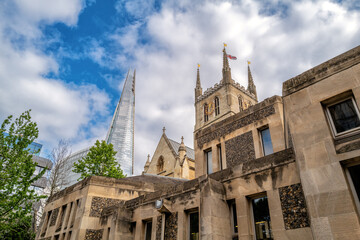 Southwark Cathedral with modern buildings behind. London Southbank.This is the oldest Gothic church in London, with parts of the structure dating back to 1220.