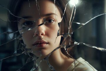 Gesicht eines Mädchens in einem zerbrochenen Spiegel - obrazy, fototapety, plakaty