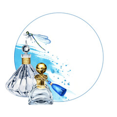 watercolor round frame with two vintage perfume glass bottle, background of water and spray, flying dragonflies, hand drawn illustration of transparent perfume flacon isolated on white background