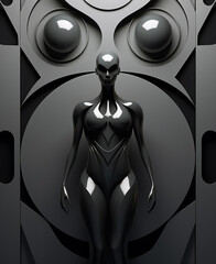 Futuristic sculptural panel of a beautiful alien. Expressive forms. Black and gray tones. Close-up. Copy space.