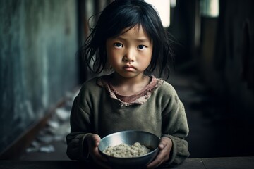 Dramatic photo of an undernourished Asian child in an unfit environment generative ai