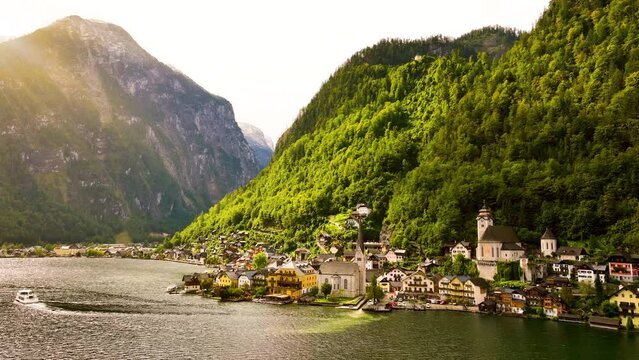 Aerial view of austrian mountain village Hallstatt and Hallstatter lake. summer time. Salzkammergut, Austria.
