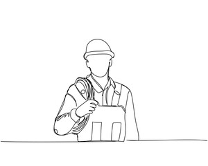 Builder with cable, hose in work uniform, protective overalls, hard hat, electrician one line art. Continuous line drawing of repair, professional, hand, people, concept, support, maintenance.