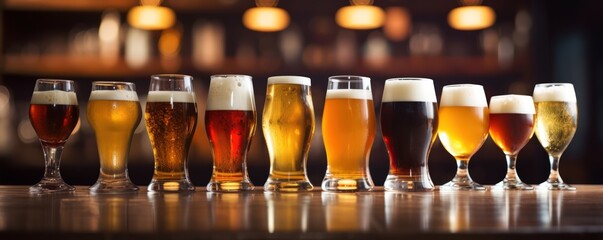 Bartender shows assortment of beer in pub. Different sorts of beer on bar table. Samples of high quality craft beer on barstand. Variety of alcoholic drinks at party for group of friends