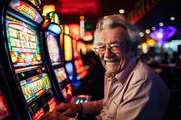 Senior man with gray hair and mustache immersed in playing slot machines while sitting in casino. Mature pensioner with glasses concentrated on playing slot machines smiles winning money in casino - obrazy, fototapety, plakaty