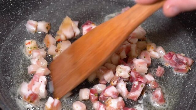 roasting of salted pork fatback with onion on a red-hot pan, close-up	
