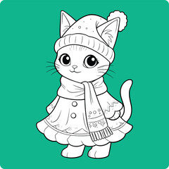 Merry Christmas Cat Coloring Page Character Illustration Vector Design v05