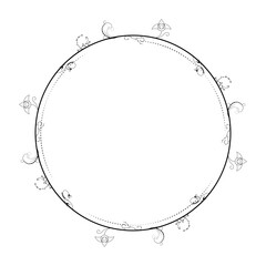 Abstract Black Simple Line Round Circle With Leaf Leaves Frame Flowers Doodle Outline Element Vector Design Style Sketch Isolated Illustration For Wedding And Banner