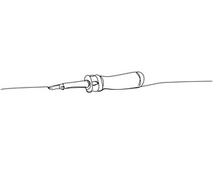 Screwdriver, tool with a flattened, cross-shaped, or star-shaped tip one line art. Continuous line drawing of repair, professional, hand, people, concept, support, maintenance.
