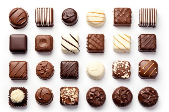 Assorted Chocolates Arranged on a Clean White Surface Created With Generative AI Technology