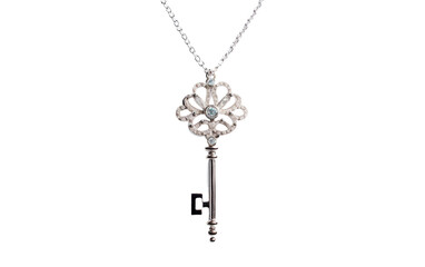 Timeless Charm: Silver Key Pendant Necklace with Delicate Design on a Transparent Background