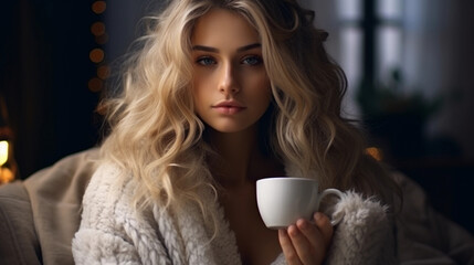 beautiful girl drinks tea in a cozy room