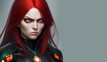 Angry Futuristic Girl with Red Hair and Green Eyes 