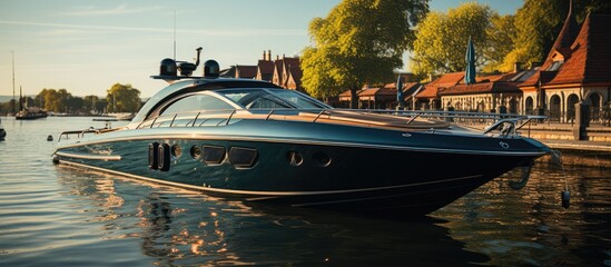 luxury motorboat, parked on a wooden pier