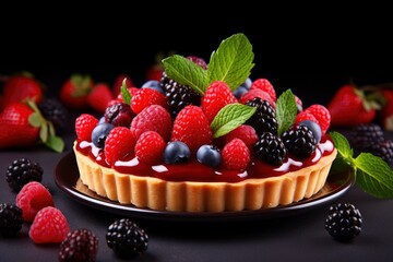 A Delicious Berry Tart with Fresh Mint Leaves Created With Generative AI Technology