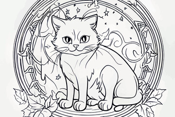 black and white cat in the forest. hand - drawn image. vector illustration.black and white cat in the forest. hand - drawn image. vector illustration.cat coloring page with stars. black and white