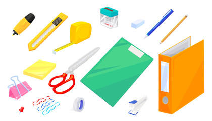 Office equipment icons set isolated on white background. Stationery supplies.