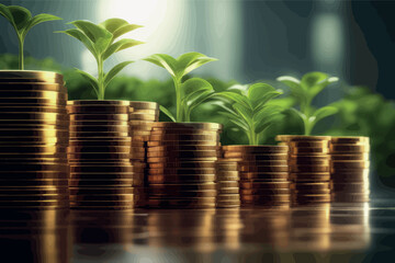 coins stack and green plant on table coins stack and green plant on table coins and money graph