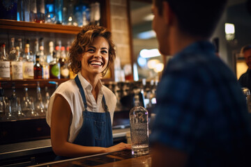A friendly, smiling female bartender converses with a customer behind the bar counter