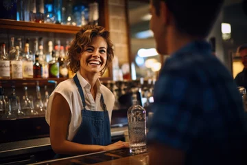 Foto op Canvas A friendly, smiling female bartender converses with a customer behind the bar counter © Konstiantyn Zapylaie