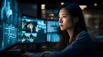 Women in tech, a female software engineer immersed in her work, surrounded by screens of code and collaborating with diverse team members.