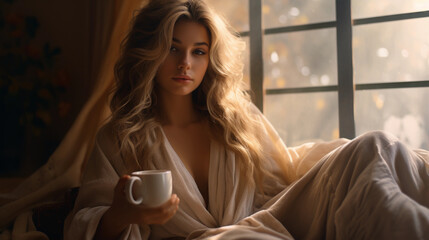 beautiful girl drinks tea in a cozy room