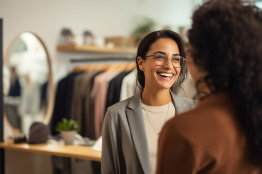 An amiable female customer engages in a conversation with a sales associate while browsing clothes in a ladies' fashion store
