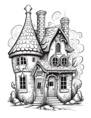 Outline art for a cute little house suitable for a coloring book page. Black and white illustration. White background.