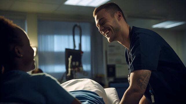 Man in healthcare, a male nurse attending to a patient, showcasing compassion and skill in a hospital setting.