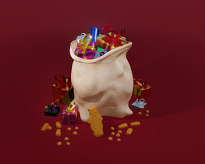 Sinterklaas' bag full of different presents, Sinterklaas theme, children's party, typical Dutch tradition on December 5. children's party theme background, 3d render illustration