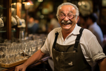 Obraz na płótnie Canvas A cheerful elderly man in glasses smiles against the background of a bar counter.pub worker
