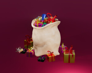 Santa's bag full of different presents, Sinterklaas theme, children's party, typical Dutch tradition on December 5. children's party theme background, 3d render illustration