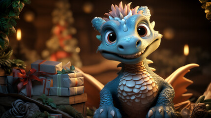 A small green dragon, a symbol of the New Year 2024, in a cozy, home environment with New Year's gifts. Generative AI