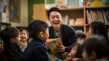 Men in education, a male kindergarten teacher surrounded by eager children during storytime, emphasizing the nurturing side of masculinity.