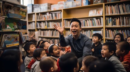 Men in education, a male kindergarten teacher surrounded by eager children during storytime,...