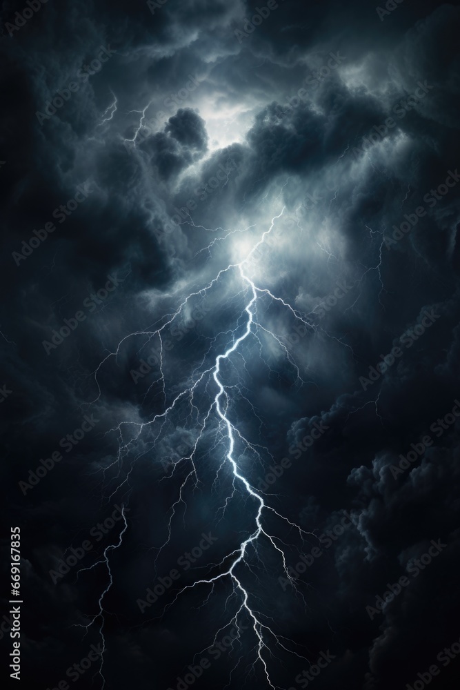 Poster A dramatic image of a dark sky with a lightning bolt striking through the middle. Perfect for illustrating a stormy weather concept or adding intensity to any design.