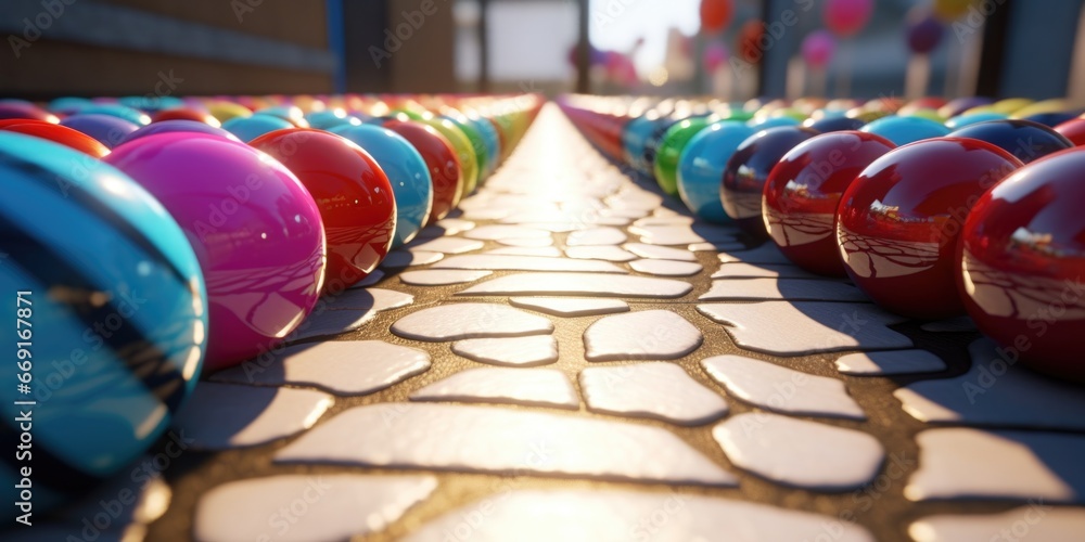 Poster A row of brightly colored balls lined up on a sidewalk. Perfect for adding a pop of color to any design or project.