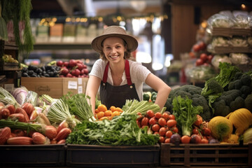 Cheerful lady at the vegetable stall serves customers with a bright and friendly attitude
