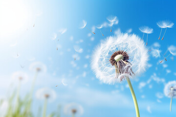 Beautiful puffy dandelion and flying seeds against blue sky on sunny day
