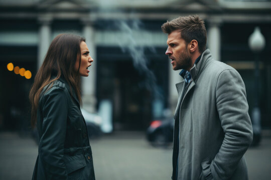 A heated argument unfolds on a city street between a man and a woman, showcasing relationship discord