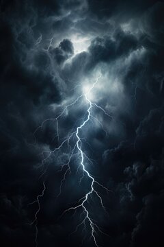 A dramatic image of a dark sky with a lightning bolt striking through the middle. Perfect for illustrating a stormy weather concept or adding intensity to any design.