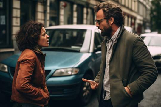 Emotional disagreement between man and woman escalates on city streets, depicting relationship tension