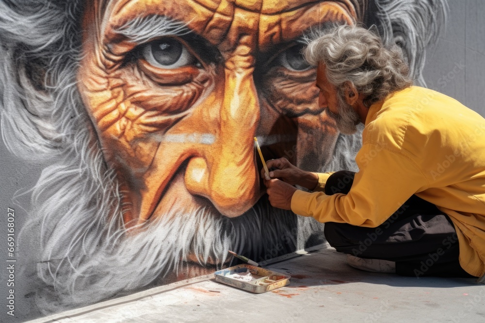 Aufkleber a man is painting a mural of an old man. this image can be used to depict the process of creating ar