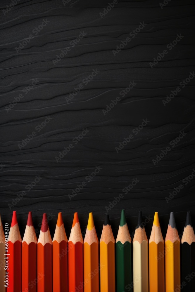 Poster a row of colored pencils lined up against a black background. ideal for creative projects and educat