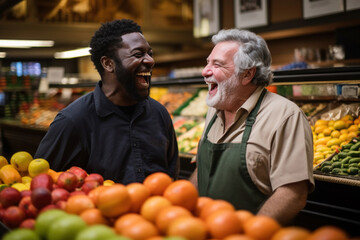 Fototapeta na wymiar Friendly Exchange at the Fruit Stall: Warm laughter fills the air as an African American customer and an elderly man enjoy a pleasant conversation while shopping for fruits
