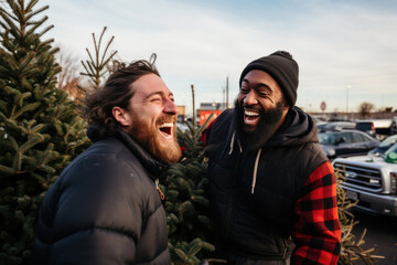 Two LGBTQ men joyfully pick a Christmas tree at the festive market, celebrating love and diversity amidst the holiday spirit