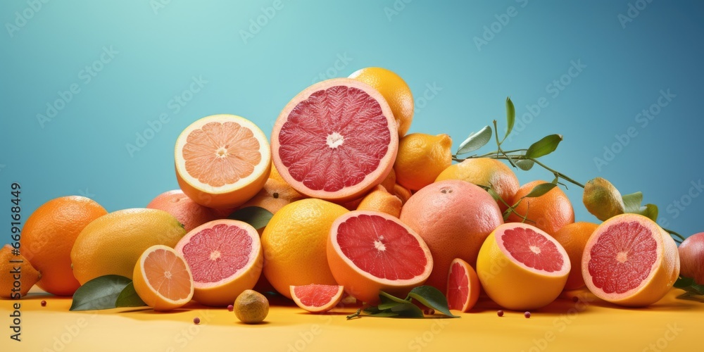 Poster a pile of grapefruits sitting on top of a table. suitable for various uses.