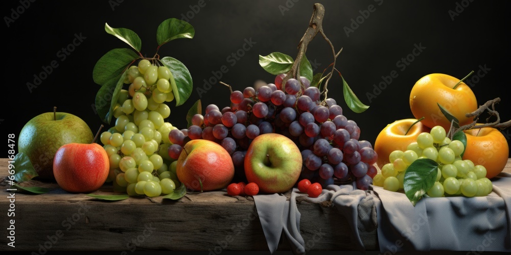 Poster a collection of various fruits placed on a sturdy wooden table. perfect for showcasing the vibrant c