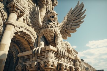 Obraz premium A statue of a lion adorns the exterior of a building. This image can be used to depict strength, power, and elegance. Ideal for architectural, business, or animal-related projects.