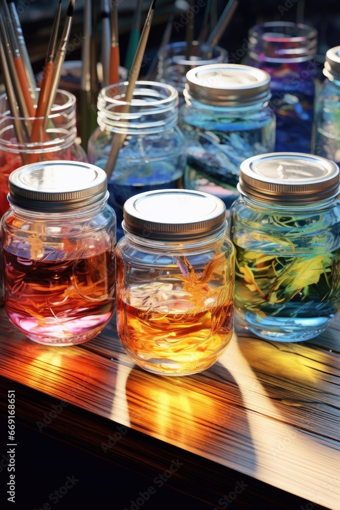 Poster A row of jars filled with different colored liquid. Perfect for scientific or laboratory concepts.